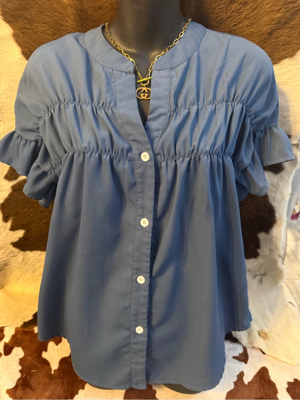 SHEIN Dusty Blue Ruffled Short-Sleeve Button Down Top